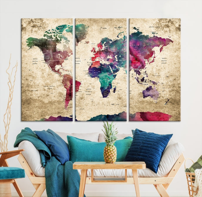 Carte du monde Push Pin Wall Art Impression sur toile