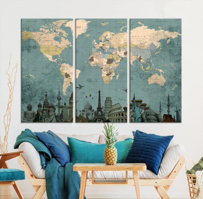 Impresión en lienzo del mapa mundial, Pin de empuje del mapa de la maravilla del mundo Impresión en lienzo