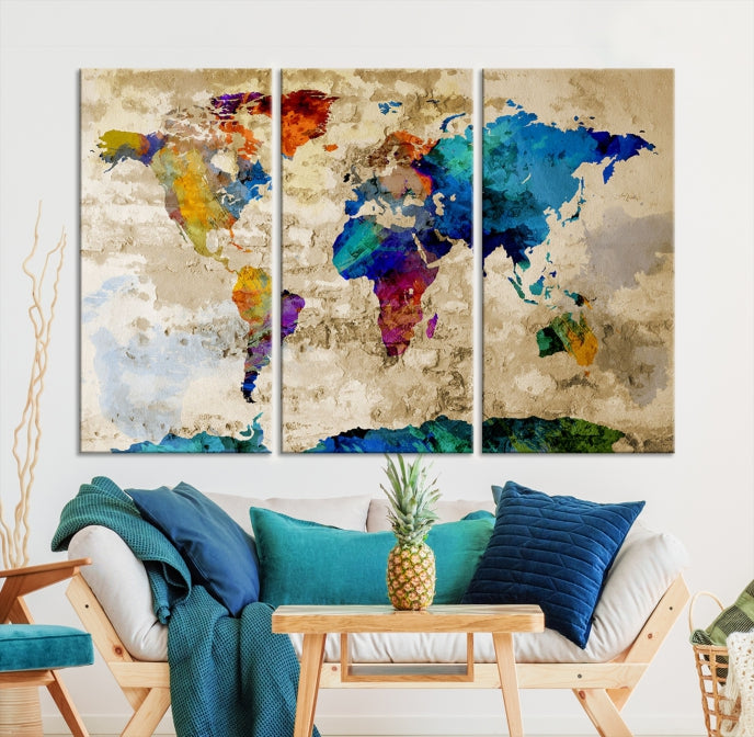 Watercolor Wall Art World Map w/ Antarctica Canvas Print
