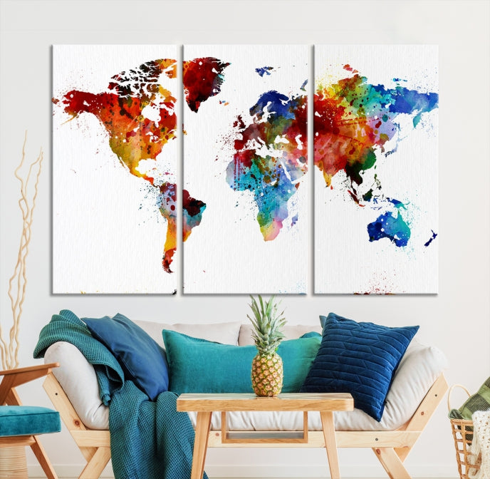 Colorful World Map Watercolor Wall Art Canvas Print