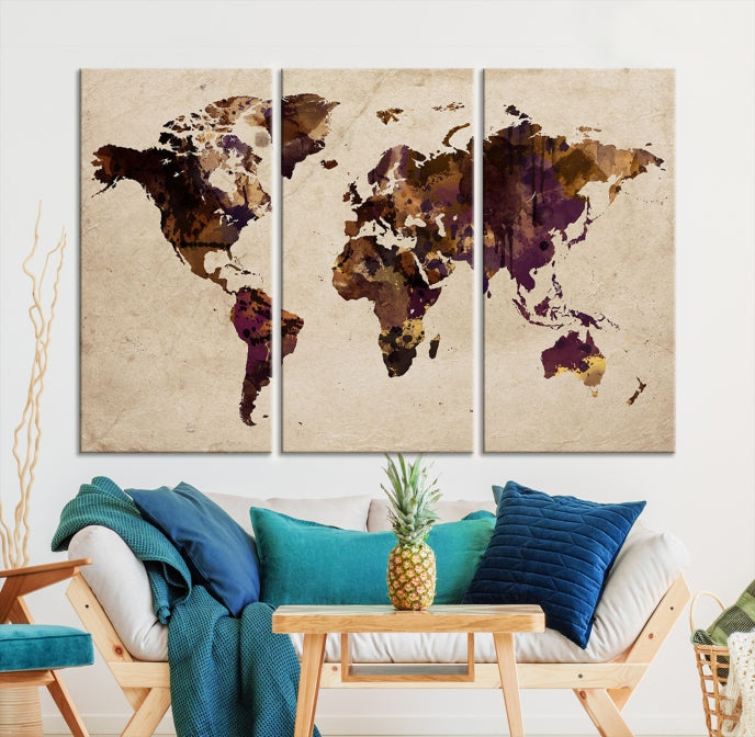 Large Brown Purple World Map Watercolor Wall Art Map Canvas Print