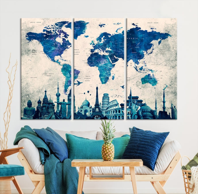 Impression sur toile aquarelle à 3 panneaux avec carte du monde