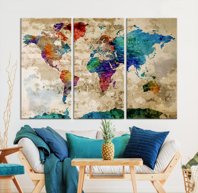Carte du monde à punaises d'art mural aquarelle avec Antarctique Impression sur toile