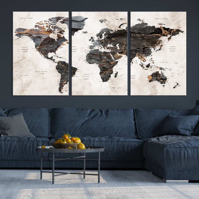 Arte de pared grande en acuarela con mapa mundial de alfiler gris Lienzo