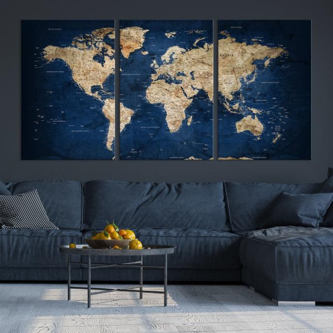 Navy Blue Detailed USA States on The Map World Map Wall Art Canvas Print