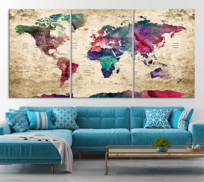 Carte du monde Push Pin Wall Art Impression sur toile