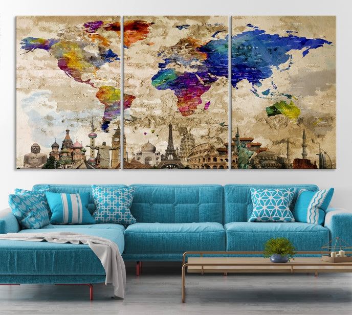 Impresión en lienzo del mapa mundial, Pin de empuje del mapa de la maravilla del mundo Impresión en lienzo
