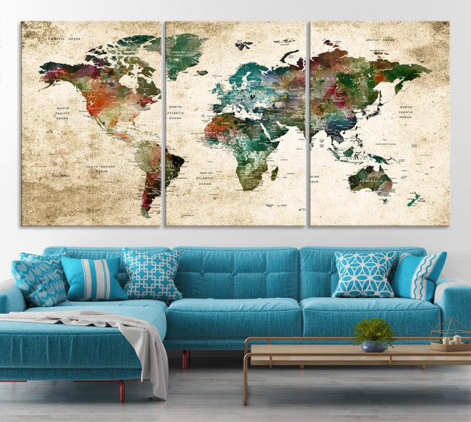 Carte du monde de punaise colorée sur fond teinté grunge Impression sur toile