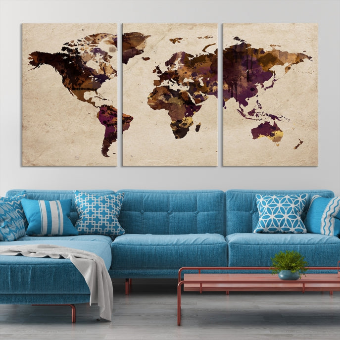 Large Brown Purple World Map Watercolor Wall Art Map Canvas Print