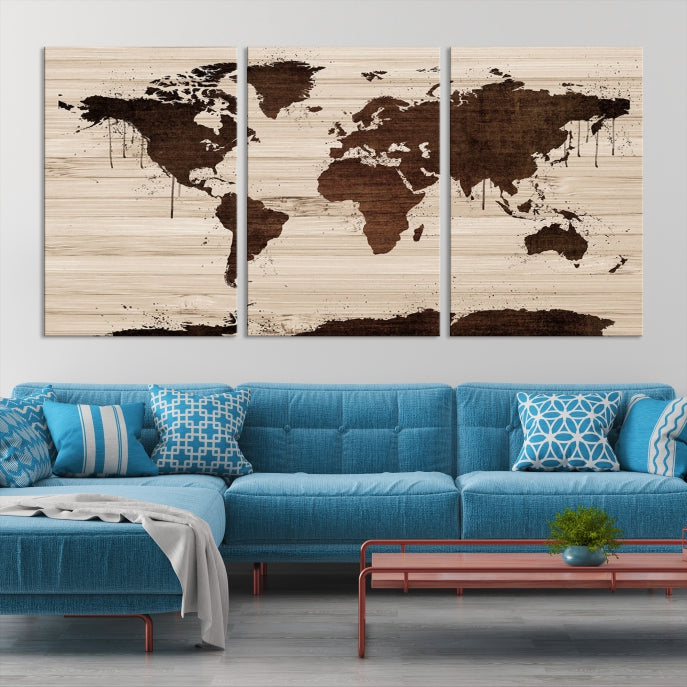 Carte du monde d'art mural aquarelle marron Impression sur toile
