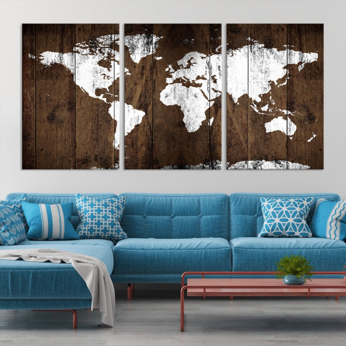 Wall Art White World Map on Wooden Background Canvas Wall Art Print