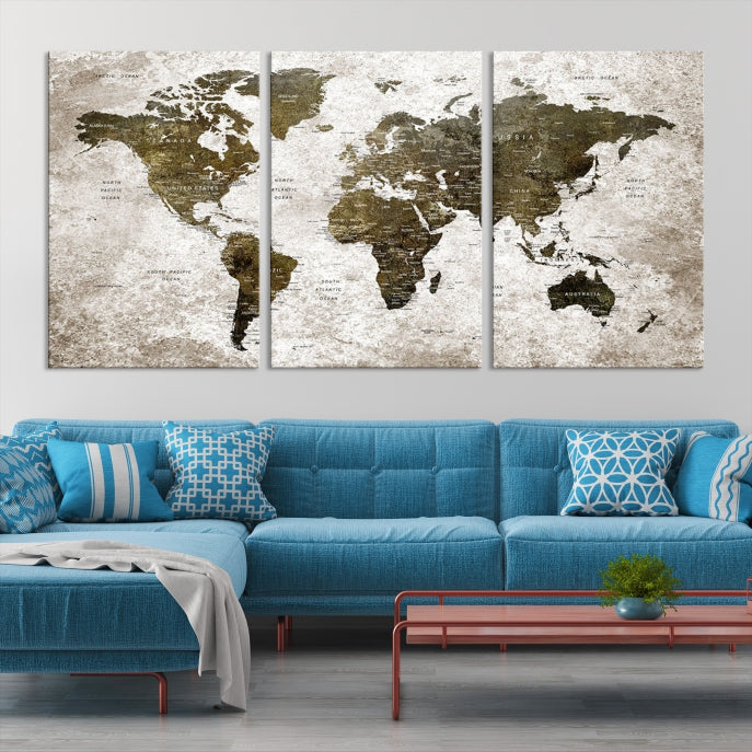 Carte du monde marron vintage aquarelle Art mural Impression sur toile