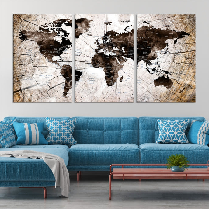 Carte du monde vintage sur fond de style bois, impression murale