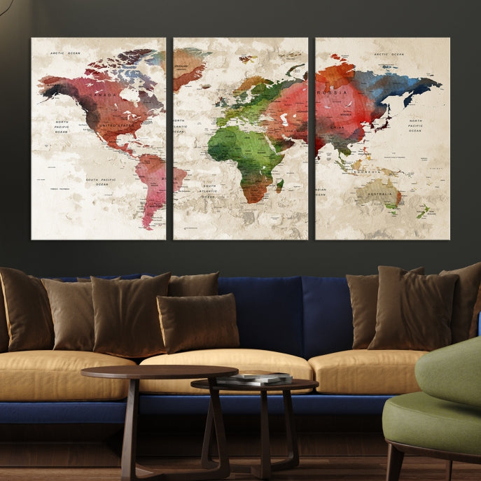 Carte du monde aquarelle Push Pin Travel Lover Wall Art Impression sur toile