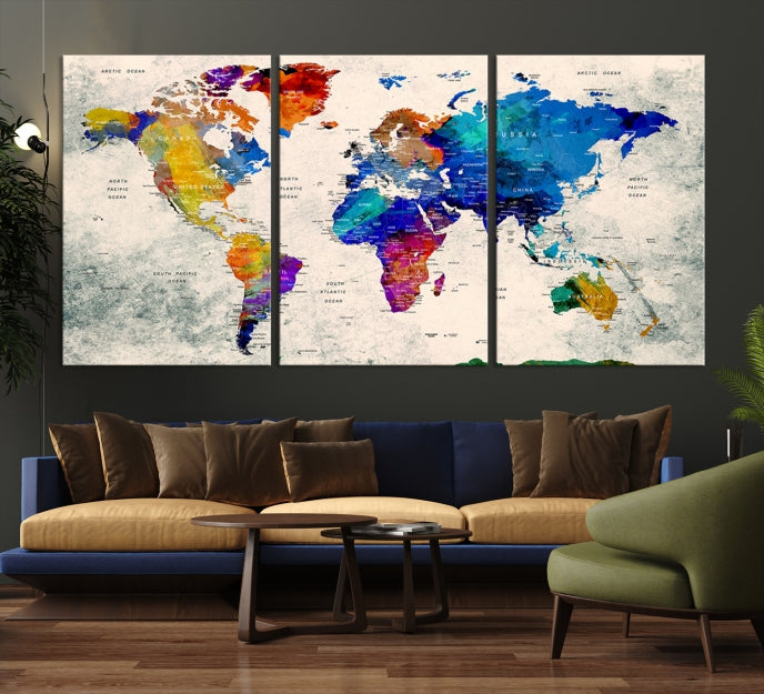 Large Blue Watercolor Wall Art World Map Canvas Print