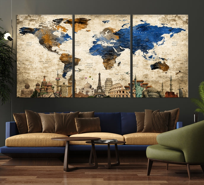 Wall Art World Map and Wonders Canvas Print