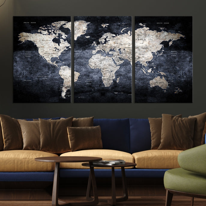 Alfiler metálico grande en blanco y negro, mapa mundial, arte de pared Lienzo