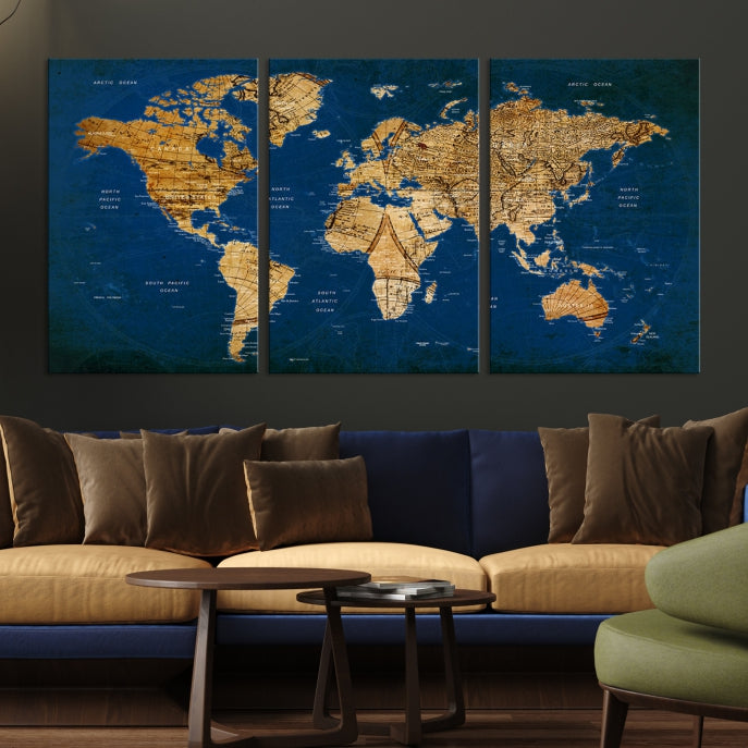 Arte de pared con mapa del mundo con alfiler grande sobre fondo azul marino Impresión en lienzo grande