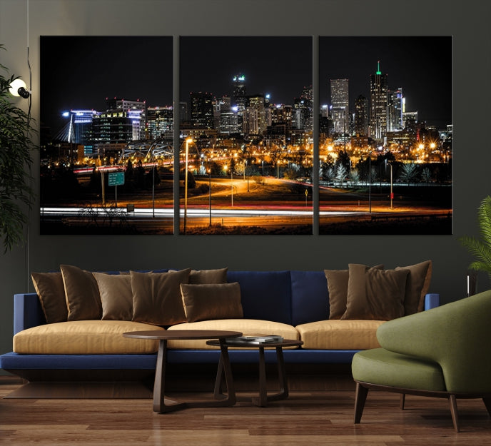 Impresión en lienzo de arte de pared grande con vista del paisaje urbano del horizonte nocturno de las luces de la ciudad de Denver