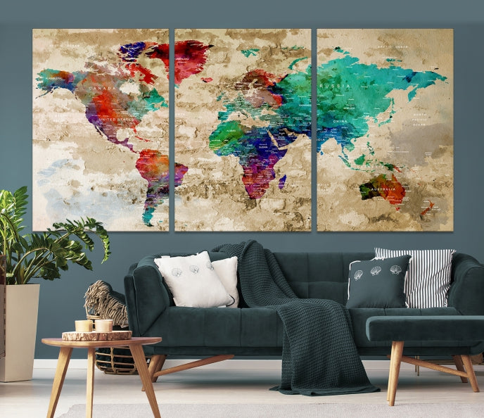 Arte de la pared del mapa mundial, lienzo del mapa mundial, impresión del mapa mundial, cartel del mapa mundial, arte del mapa mundial, pasador de empuje del mapa mundial