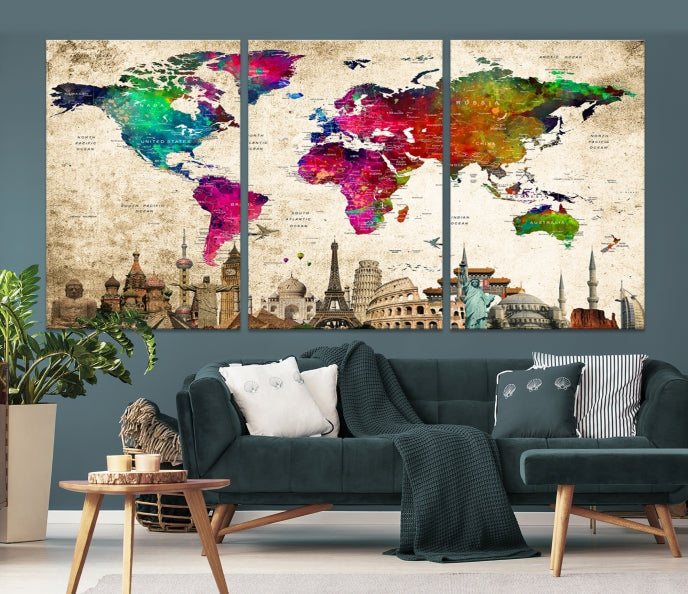 Impresión de lienzo del mapa del mundo, impresión de lienzo de alfiler de empuje del mapa de la maravilla del mundo, lienzo de alfiler de empuje del mapa del mundo de arte de pared grande,
