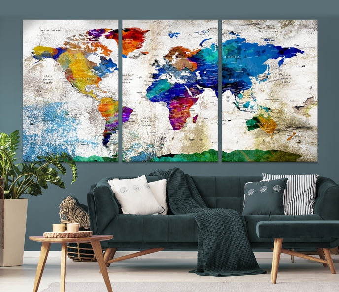Rainbow Color World Map Wall Art Canvas Print
