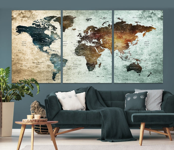 Arte de pared de acuarela con mapa mundial de alfiler grande Lienzo