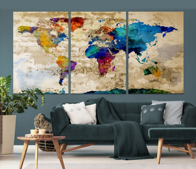 Mapa mundial extra grande de arte mural en acuarela con impresión de lienzo de la Antártida