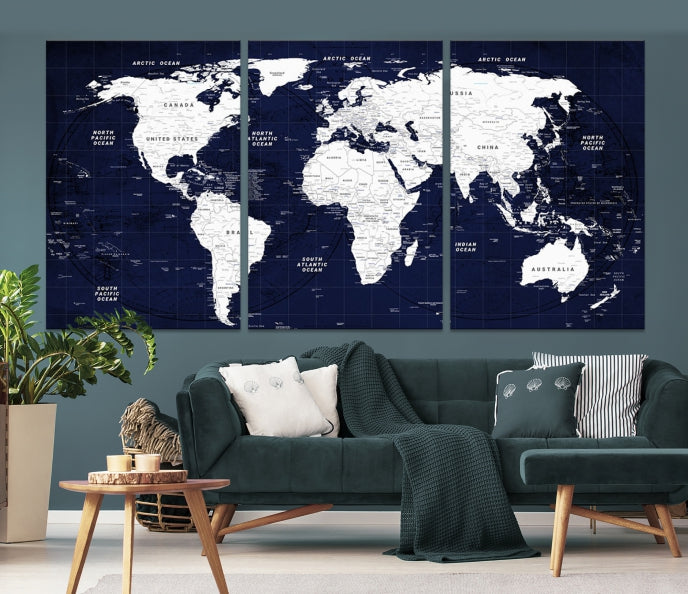 Carte du monde bleu marine Art mural Push Pin Carte du monde Impression sur toile