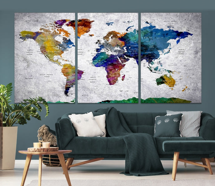 Arte de pared extra grande con alfiler, mapa mundial con impresión en lienzo de la Antártida