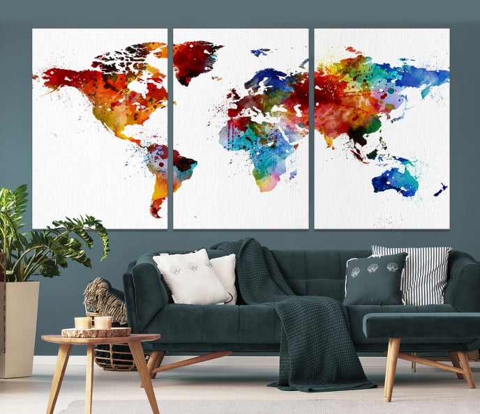 Arte de pared de acuarela de mapa mundial colorido grande Lienzo