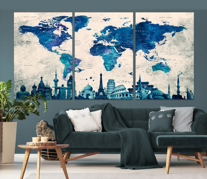 Lienzo grande de 3 paneles con mapa del mundo, arte de pared, acuarela