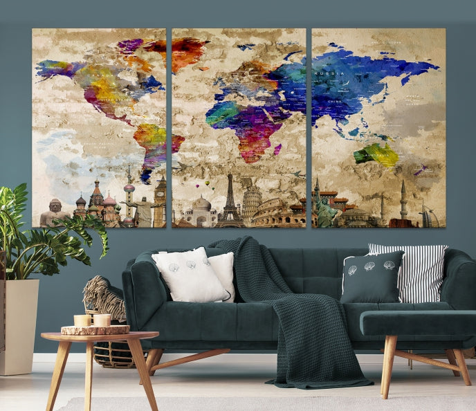 Extra grande mapa del mundo arte de la pared acuarela impresión de lienzo
