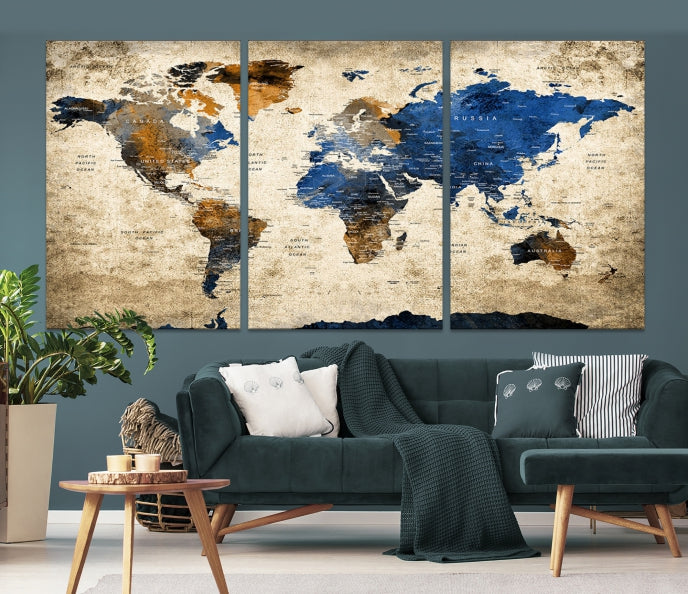 Arte de pared extra grande, alfiler de acuarela, mapa mundial Lienzo