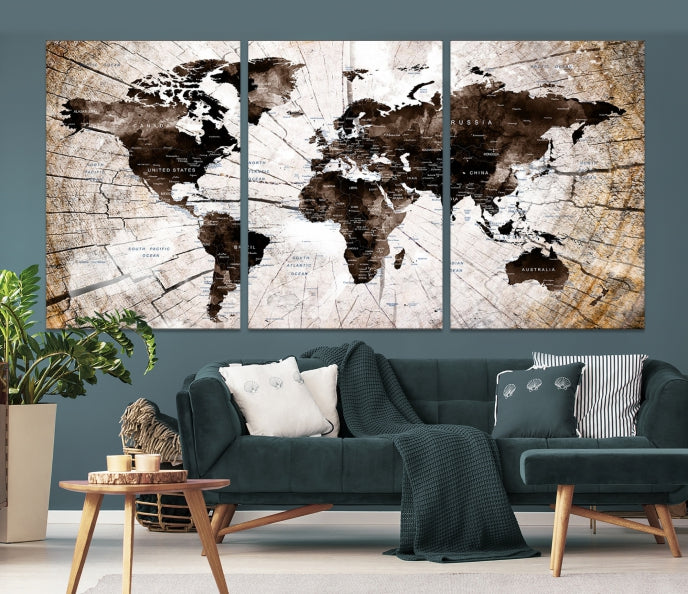 Carte du monde vintage sur fond de style bois, impression murale