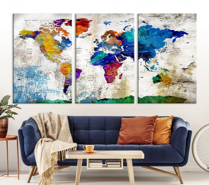 Art mural de carte du monde aquarelle bleu marine orange Impression sur toile