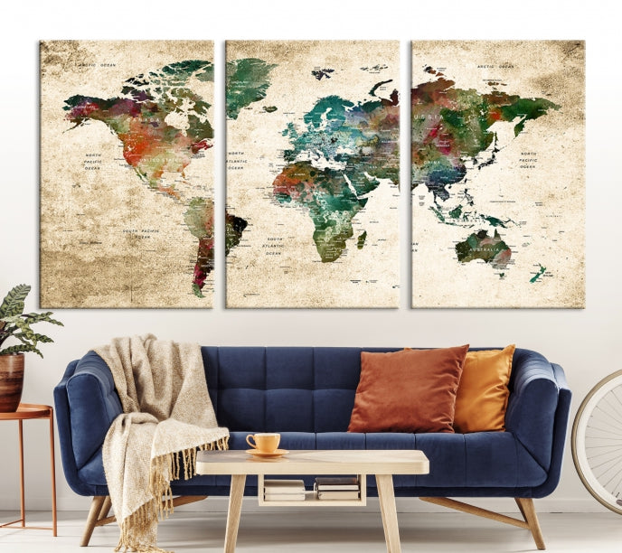 Colorful Push Pin World Map on Grunge Stained Background Canvas Print