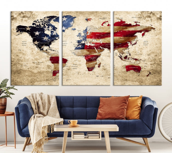 Drapeau des États-Unis et carte du monde Grunge Impression sur toile