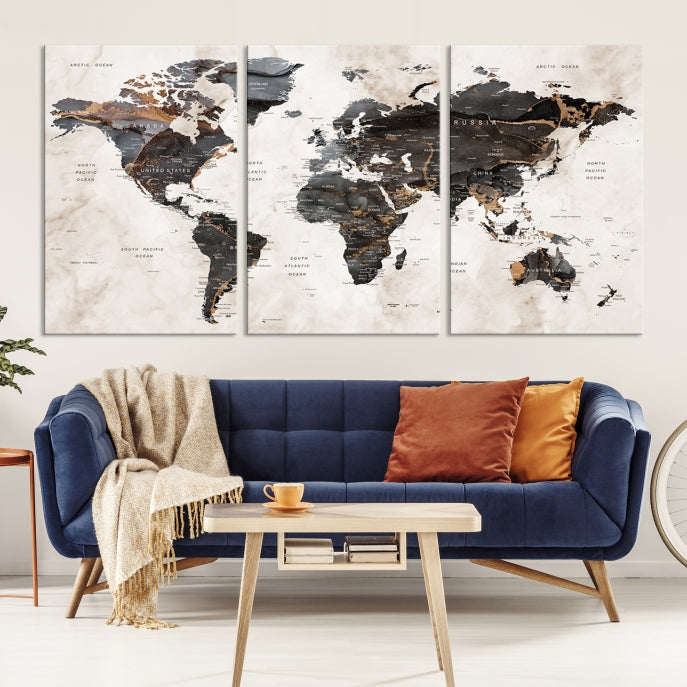 Carte du monde à punaise grise, aquarelle, Art mural, impression sur toile