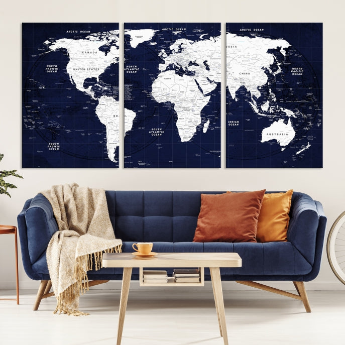 Navy Blue World Map Wall Art Push Pin World Map Canvas Print