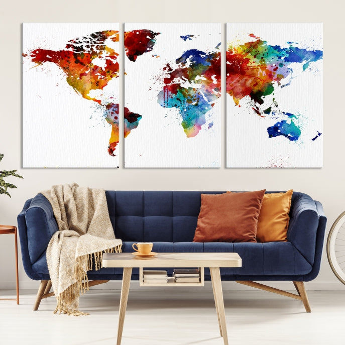 Colorful World Map Watercolor Wall Art Canvas Print