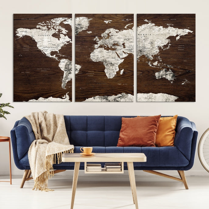 Arte de pared de mapa mundial grande sobre fondo marrón de madera Impresión de lienzo de mapa mundial