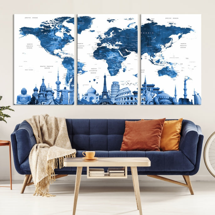Art mural de carte du monde aquarelle bleue avec merveilles du monde Impression sur toile
