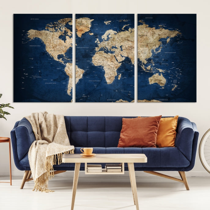 Bleu marine États-Unis détaillés sur la carte Carte du monde Art mural Impression sur toile
