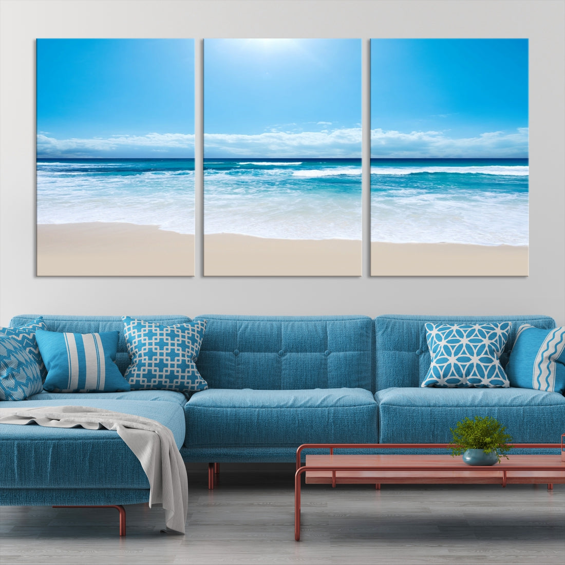 Large Wall Art Canvas Print Shiny Blue Sea and Beach