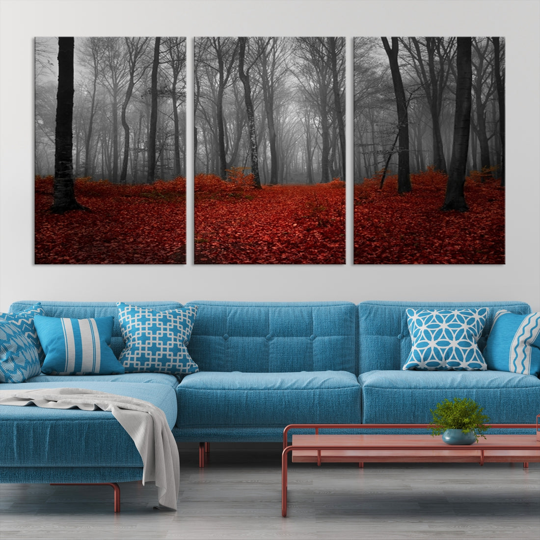 Large Wall Art Landscape Canvas Print - Wonderful Forest with Red Leaves on Ground