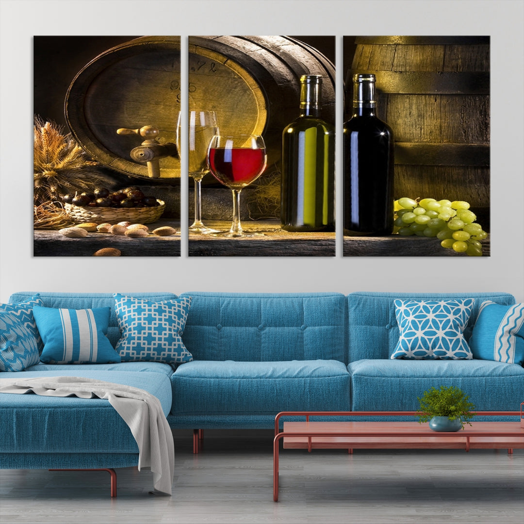 Art mural Vin rouge et blanc avec des bouteilles et du tonneau Impression sur toile