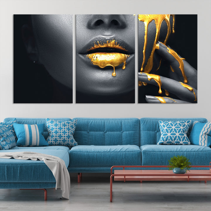 Labios dorados y mujer negra maquillaje lienzo pared arte impresión lienzo arte labios impresión moda belleza extra grande lienzo dividido arte enmarcado