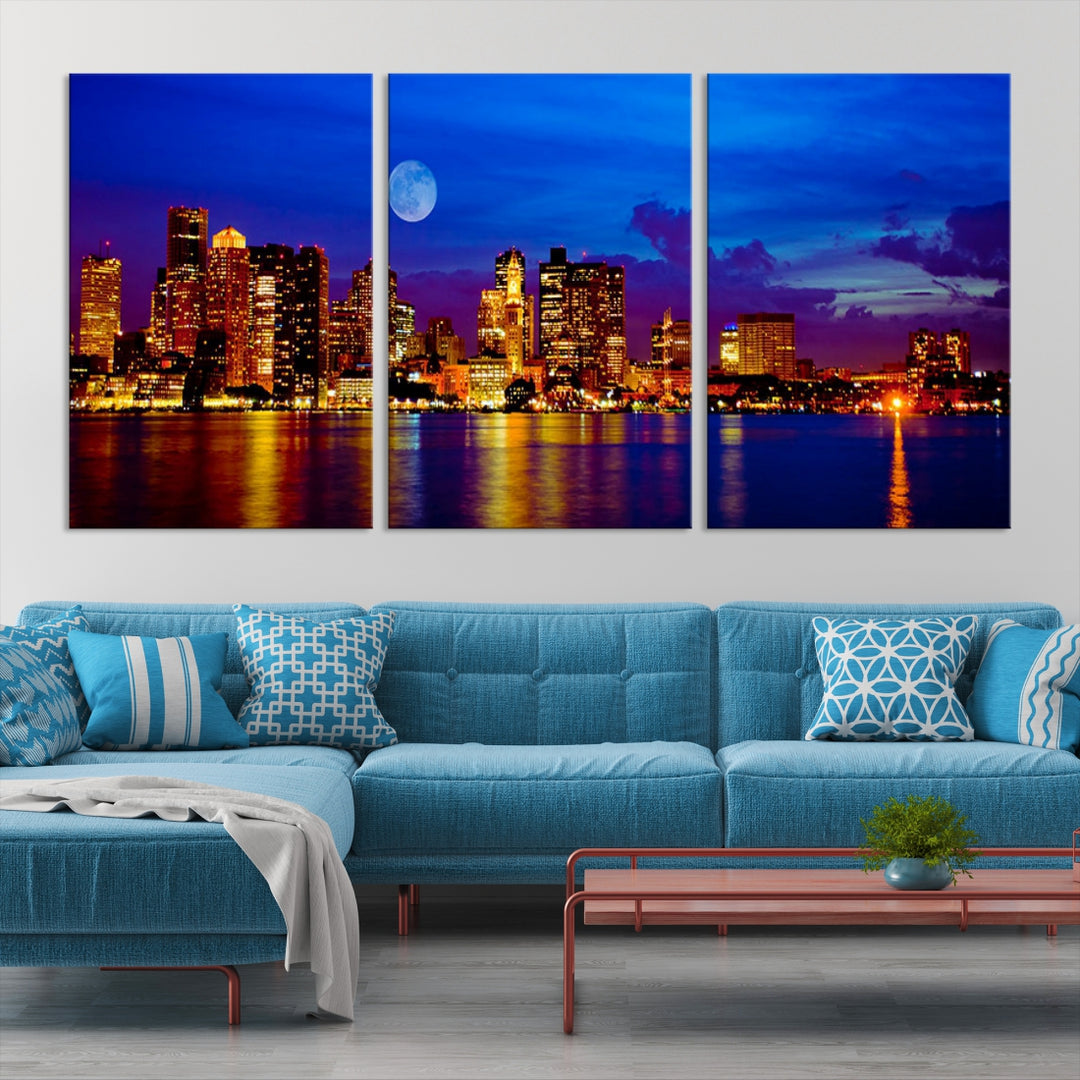 Luces de la ciudad de Boston Noche de luna llena Vista del paisaje urbano del horizonte azul Arte de pared grande Impresión en lienzo
