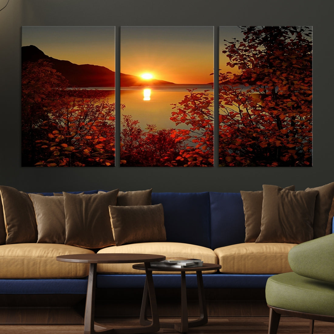 Large Wall Art Canvas Sunset over Sea and Mountain Between Flowers